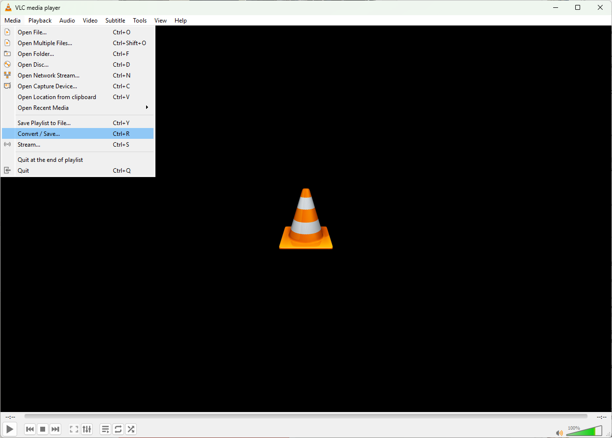 VLC Media menu with Convert / Save highlighted