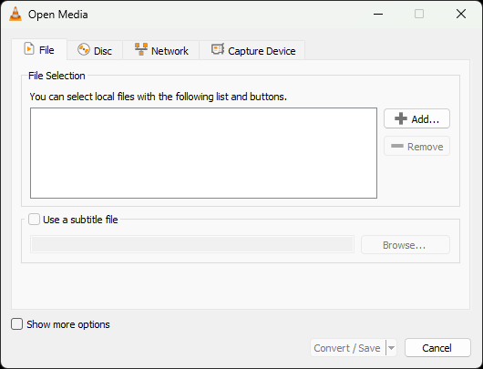 VLC Open Media dialog with Add button to select a file