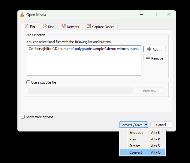 VLC Open Media dialog with Convert selected from the Convert / Save menu