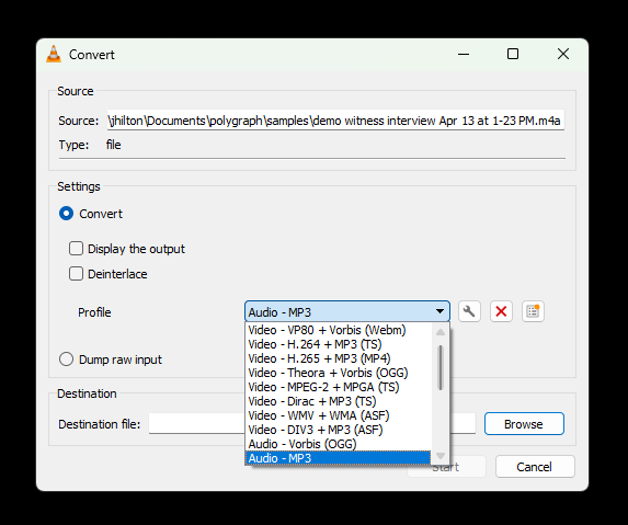 VLC Convert dialog with Audio - MP3 profile selected in the Profile dropdown
