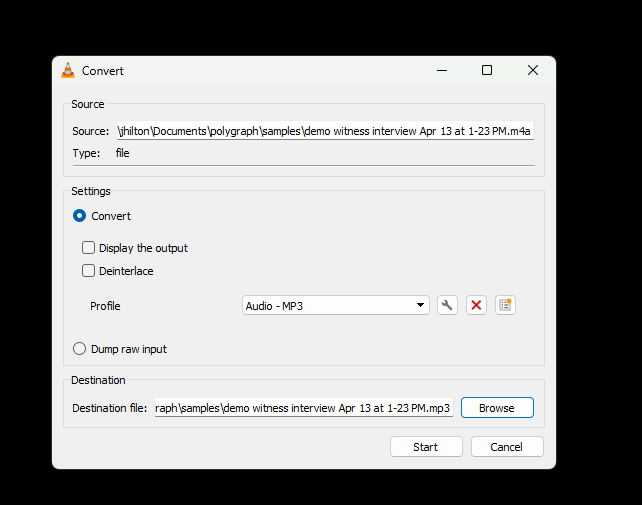 VLC Convert dialog with Audio - MP3 profile and destination path ending in .mp3